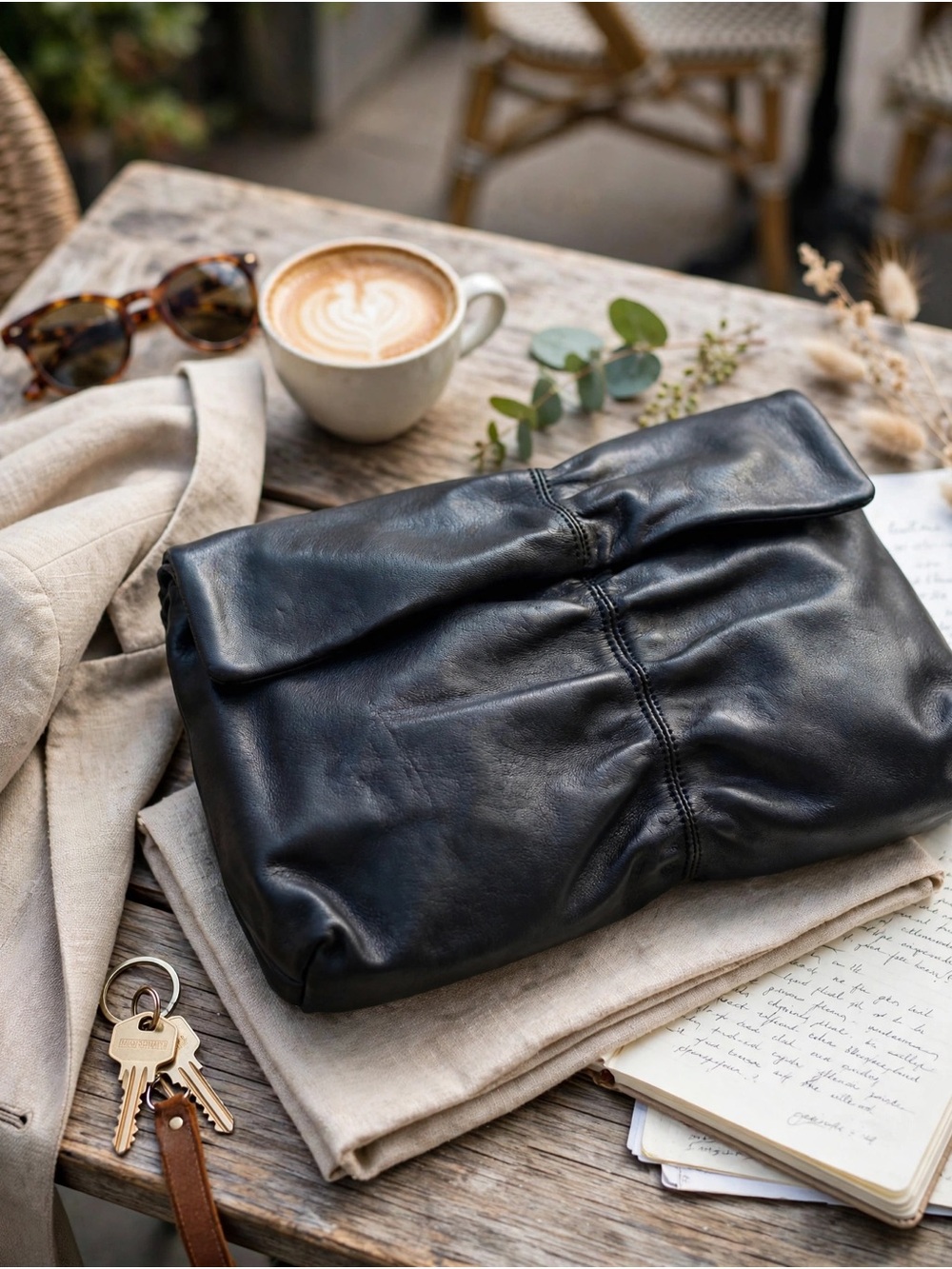 Black Leather Fold-Over Clutch Bag